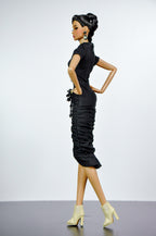 STYLISH WIDOW | Black Ruched Midi Dress for Fashion Royalty Doll | Embellished Waist Detail | 1/6 Scale Evening Look