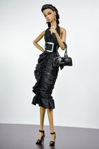 STYLISH WIDOW | Black Halter Midi Dress for Fashion Royalty Doll | Elegant Ruched Dress | 1/6 Scale Classic Chic