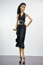 STYLISH WIDOW | Black Halter Midi Dress for Fashion Royalty Doll | Elegant Ruched Dress | 1/6 Scale Classic Chic