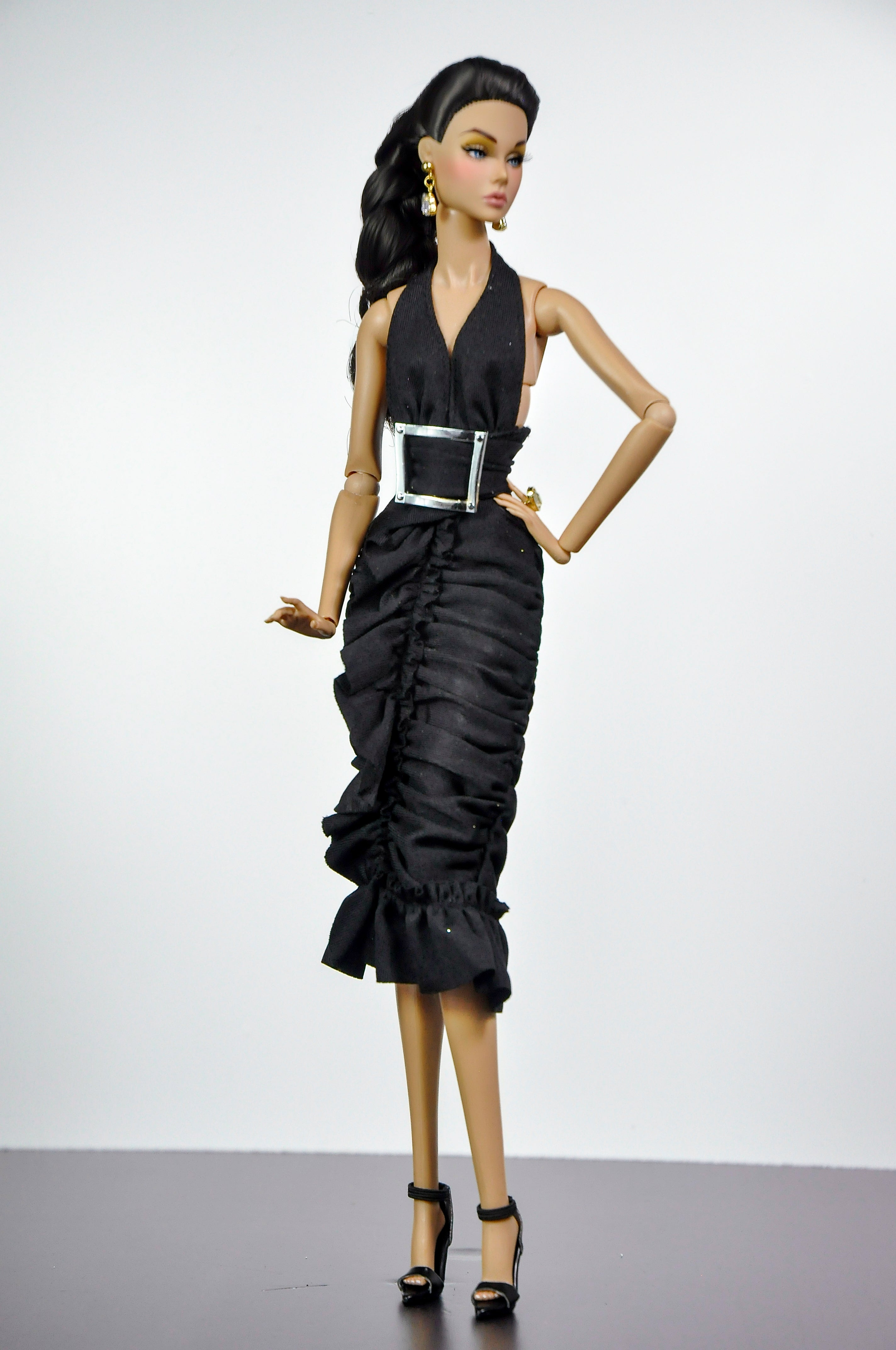 STYLISH WIDOW | Black Halter Midi Dress for Fashion Royalty Doll | Elegant Ruched Dress | 1/6 Scale Classic Chic