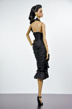STYLISH WIDOW | Black Halter Midi Dress for Fashion Royalty Doll | Elegant Ruched Dress | 1/6 Scale Classic Chic
