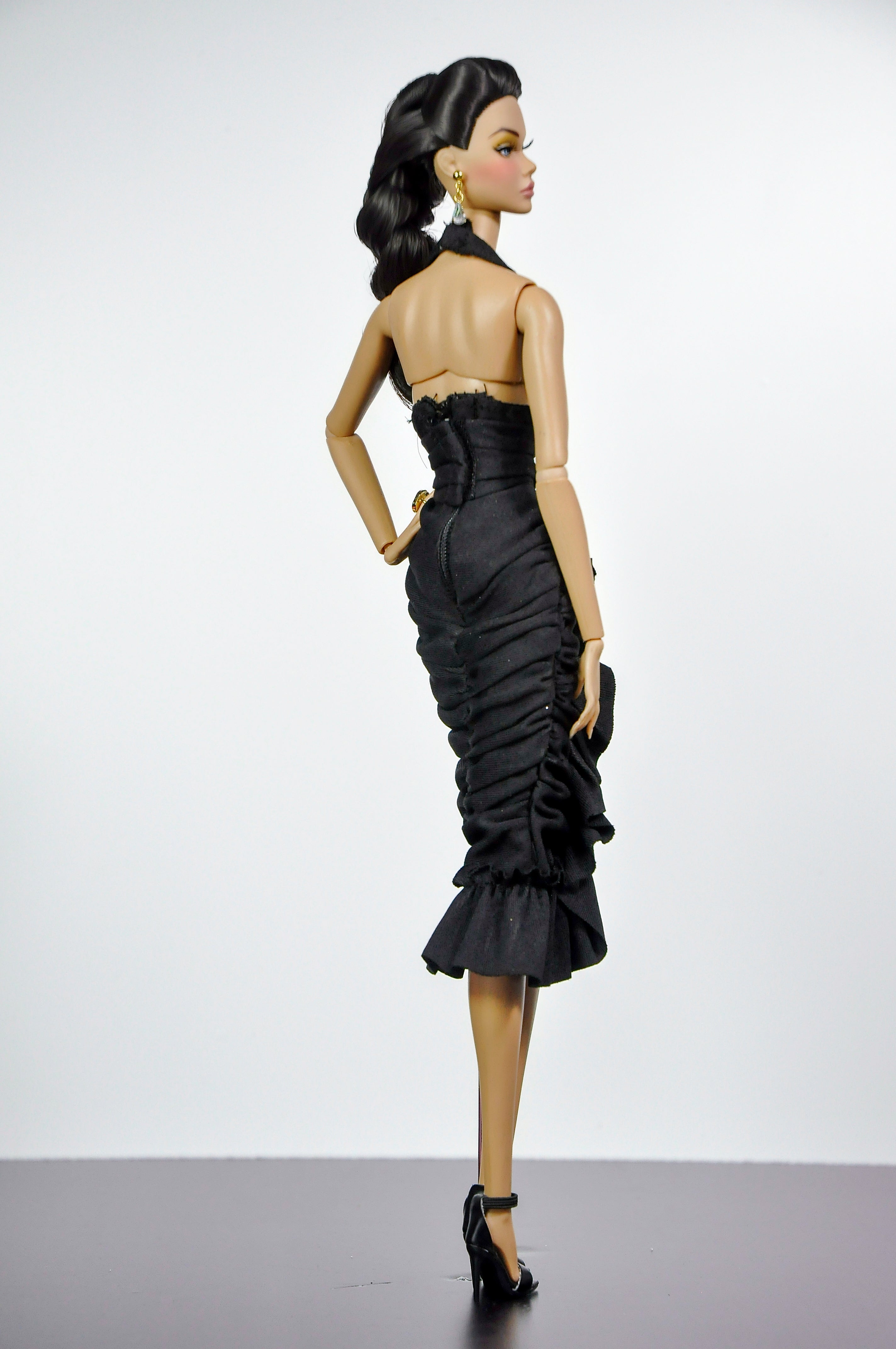 STYLISH WIDOW | Black Halter Midi Dress for Fashion Royalty Doll | Elegant Ruched Dress | 1/6 Scale Classic Chic