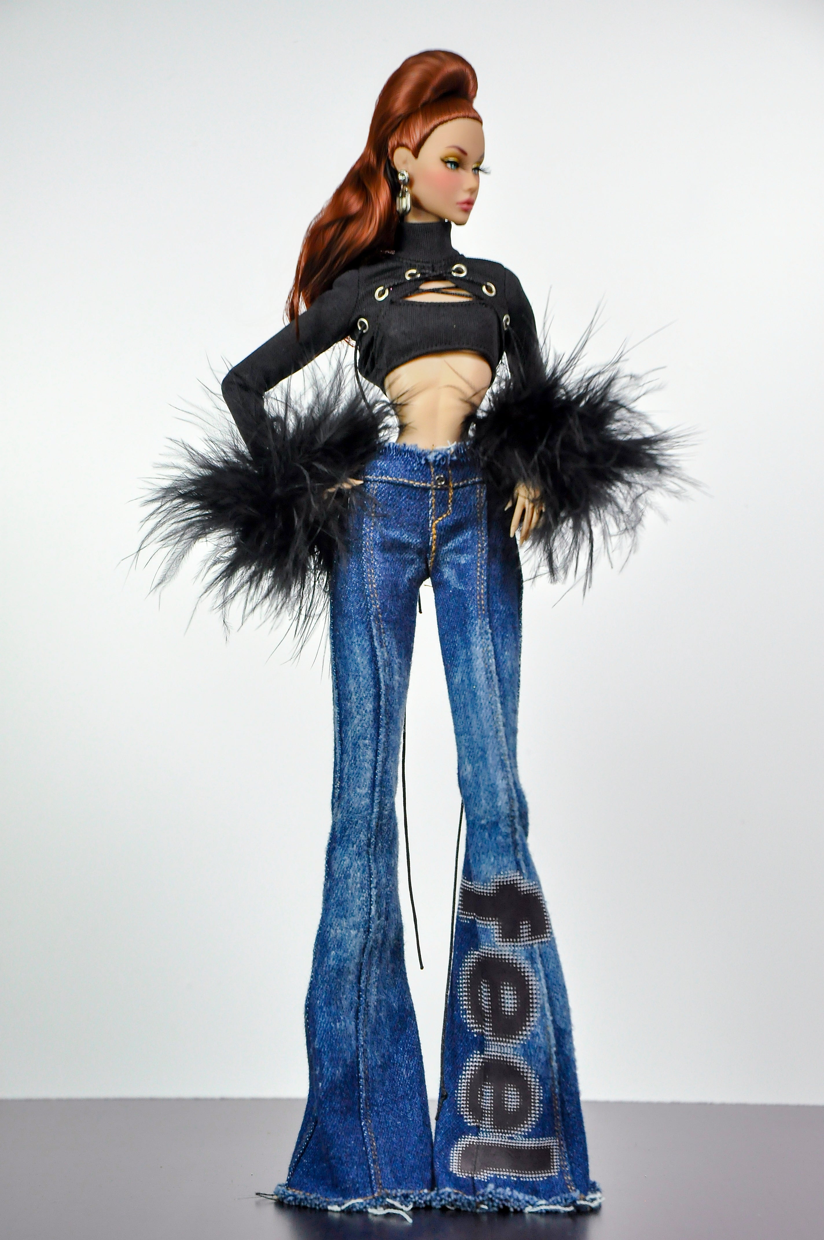 STYLISH WIDOW | Denim Flare Pants Set for Fashion Royalty Doll | Y2K Inspired Outfit | 1/6 Scale Casual Glam