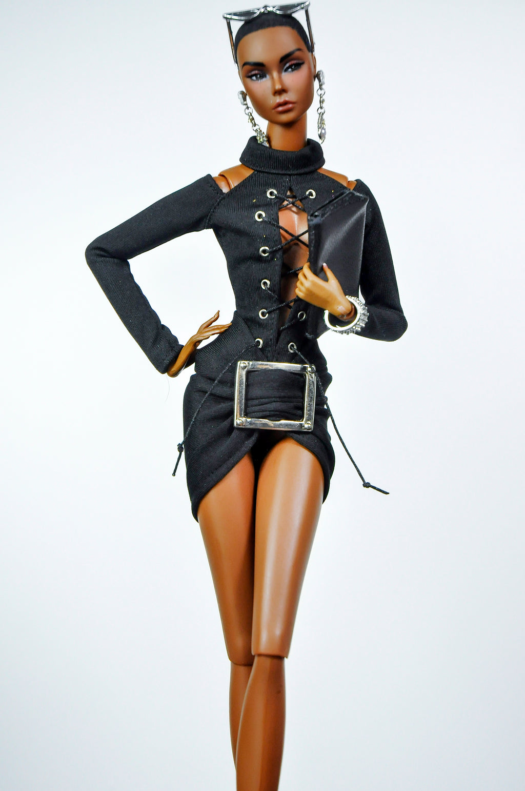 STYLISH WIDOW | Black Lace-Up Mini Dress for Fashion Royalty Doll | Corset Style Outfit | 1/6 Scale Edgy Chic