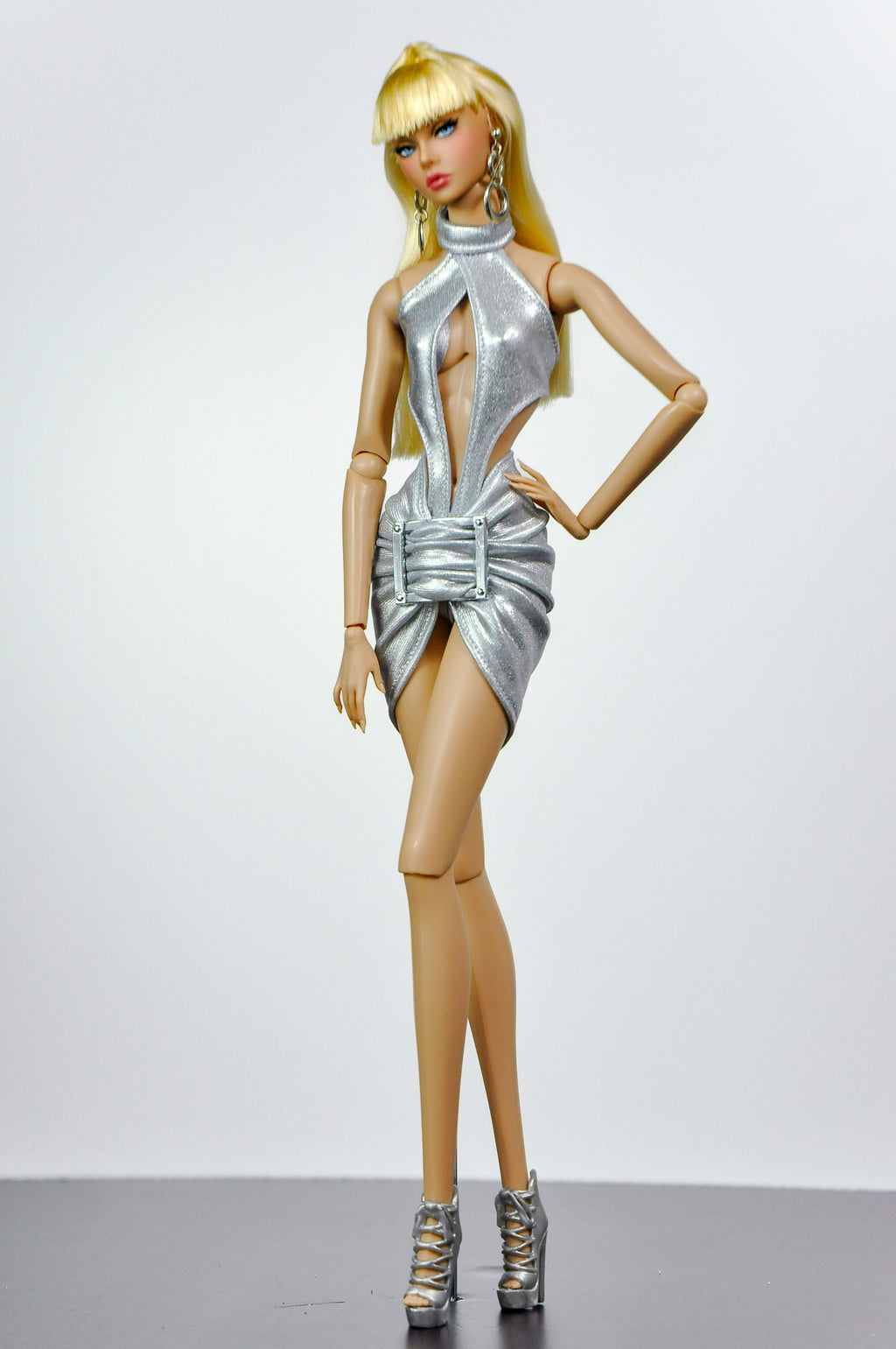 STYLISH WIDOW | Silver Halter Mini Dress for Fashion Royalty Doll | Futuristic Club Look | 1/6 Scale Statement Outfit