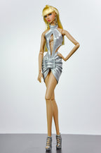 STYLISH WIDOW | Silver Halter Mini Dress for Fashion Royalty Doll | Futuristic Club Look | 1/6 Scale Statement Outfit