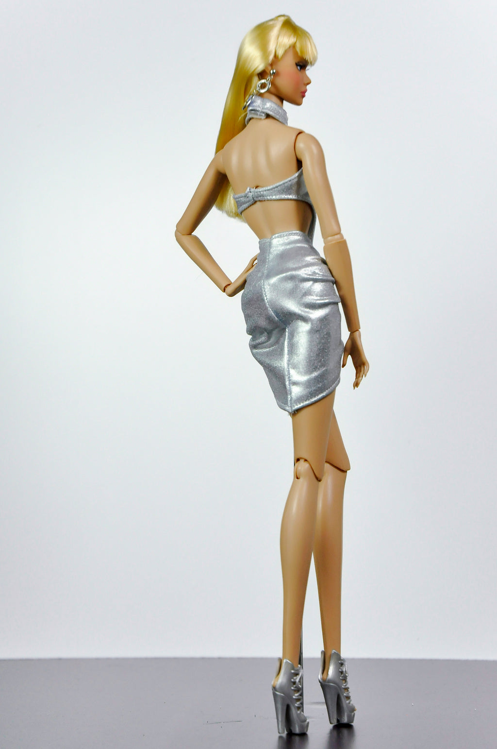 STYLISH WIDOW | Silver Halter Mini Dress for Fashion Royalty Doll | Futuristic Club Look | 1/6 Scale Statement Outfit