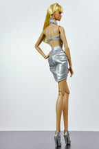 STYLISH WIDOW | Silver Halter Mini Dress for Fashion Royalty Doll | Futuristic Club Look | 1/6 Scale Statement Outfit