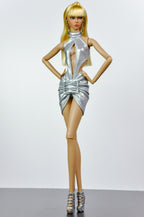 STYLISH WIDOW | Silver Halter Mini Dress for Fashion Royalty Doll | Futuristic Club Look | 1/6 Scale Statement Outfit