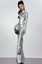 STYLISH WIDOW | Silver Liquid Metal Gown for Fashion Royalty Doll | 1/6 Scale Evening Dress | High Neck Cut-Out Glam Outfit