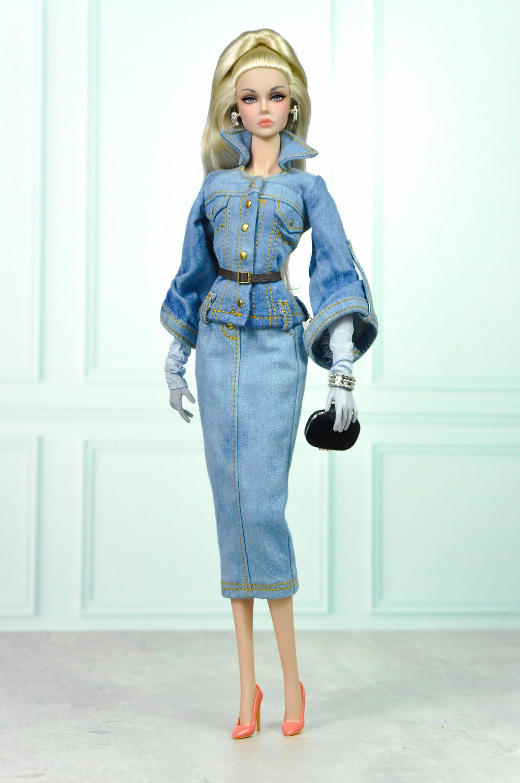 HAUTE | Denim Peplum Jacket & Pencil Skirt Set – Couture Doll Clothes for Fashion Royalty / Integrity Toys