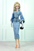 HAUTE | Denim Peplum Jacket & Pencil Skirt Set – Couture Doll Clothes for Fashion Royalty / Integrity Toys