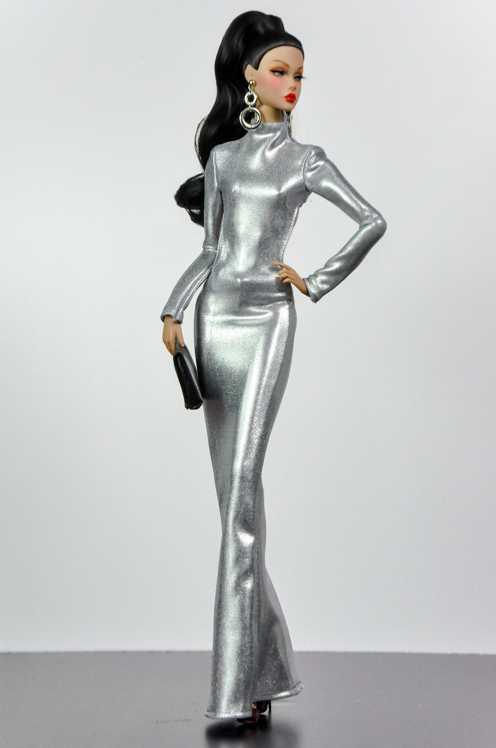 STYLISH WIDOW | Silver Liquid Metal Gown for Fashion Royalty Doll | 1/6 Scale Evening Dress | High Neck Cut-Out Glam Outfit