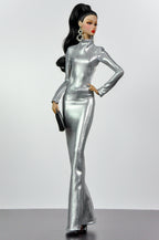 STYLISH WIDOW | Silver Liquid Metal Gown for Fashion Royalty Doll | 1/6 Scale Evening Dress | High Neck Cut-Out Glam Outfit