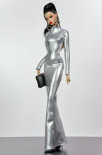 STYLISH WIDOW | Silver Liquid Metal Gown for Fashion Royalty Doll | 1/6 Scale Evening Dress | High Neck Cut-Out Glam Outfit