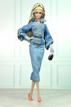 HAUTE | Denim Peplum Jacket & Pencil Skirt Set – Couture Doll Clothes for Fashion Royalty / Integrity Toys