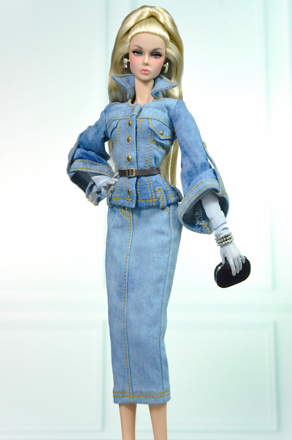HAUTE | Denim Peplum Jacket & Pencil Skirt Set – Couture Doll Clothes for Fashion Royalty / Integrity Toys