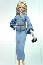 HAUTE | Denim Peplum Jacket & Pencil Skirt Set – Couture Doll Clothes for Fashion Royalty / Integrity Toys