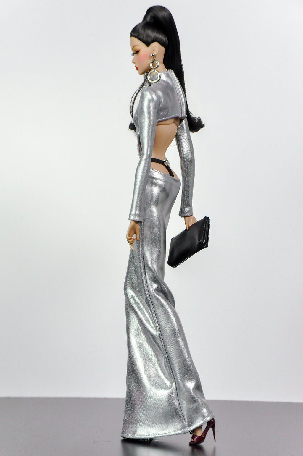 STYLISH WIDOW | Silver Liquid Metal Gown for Fashion Royalty Doll | 1/6 Scale Evening Dress | High Neck Cut-Out Glam Outfit