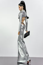 STYLISH WIDOW | Silver Liquid Metal Gown for Fashion Royalty Doll | 1/6 Scale Evening Dress | High Neck Cut-Out Glam Outfit