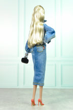 HAUTE | Denim Peplum Jacket & Pencil Skirt Set – Couture Doll Clothes for Fashion Royalty / Integrity Toys