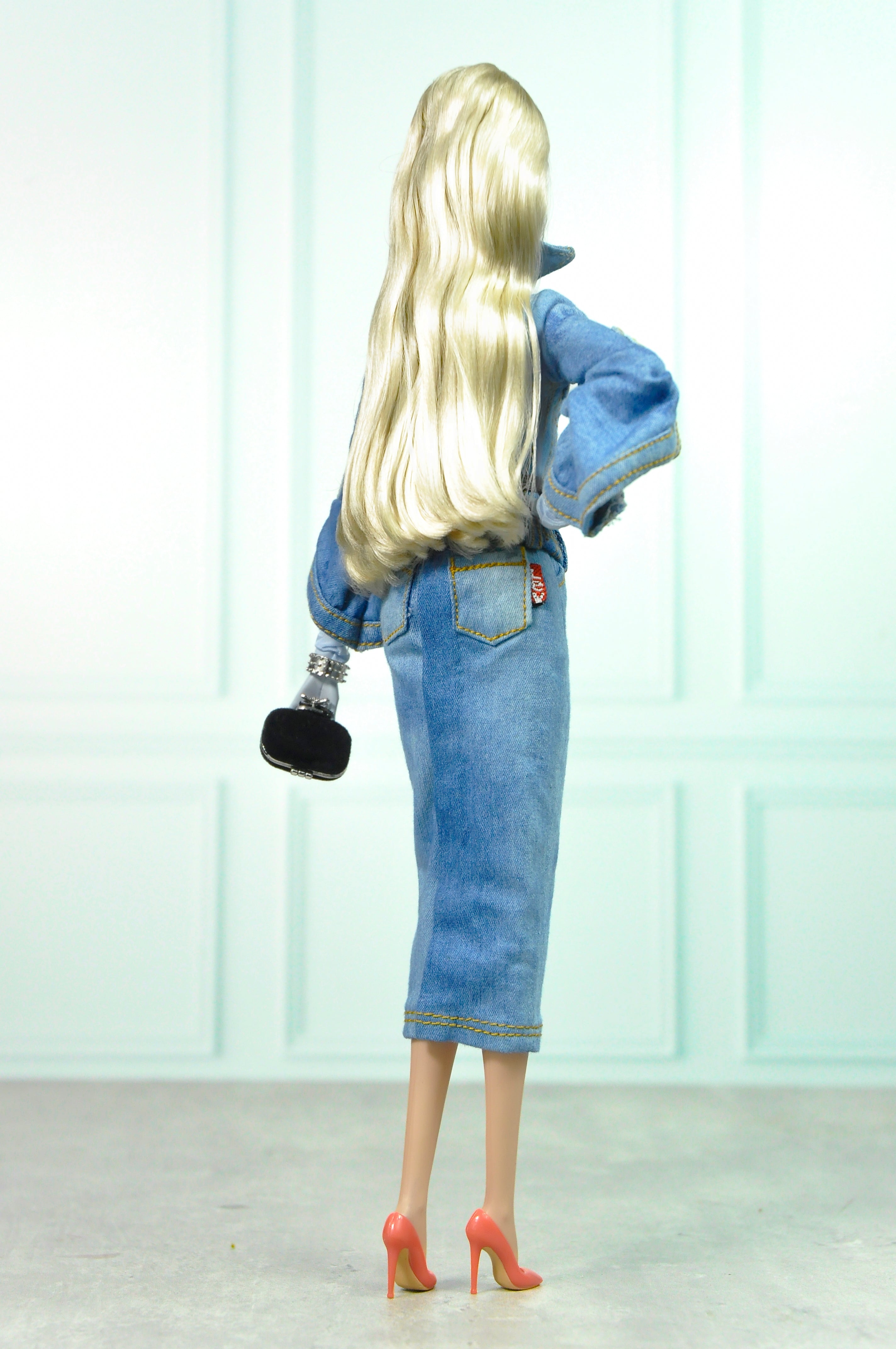 HAUTE | Denim Peplum Jacket & Pencil Skirt Set – Couture Doll Clothes for Fashion Royalty / Integrity Toys