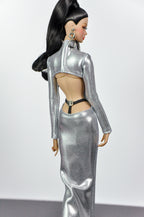 STYLISH WIDOW | Silver Liquid Metal Gown for Fashion Royalty Doll | 1/6 Scale Evening Dress | High Neck Cut-Out Glam Outfit