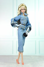 HAUTE | Denim Peplum Jacket & Pencil Skirt Set – Couture Doll Clothes for Fashion Royalty / Integrity Toys