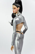 STYLISH WIDOW | Silver Liquid Metal Gown for Fashion Royalty Doll | 1/6 Scale Evening Dress | High Neck Cut-Out Glam Outfit