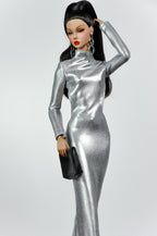 STYLISH WIDOW | Silver Liquid Metal Gown for Fashion Royalty Doll | 1/6 Scale Evening Dress | High Neck Cut-Out Glam Outfit
