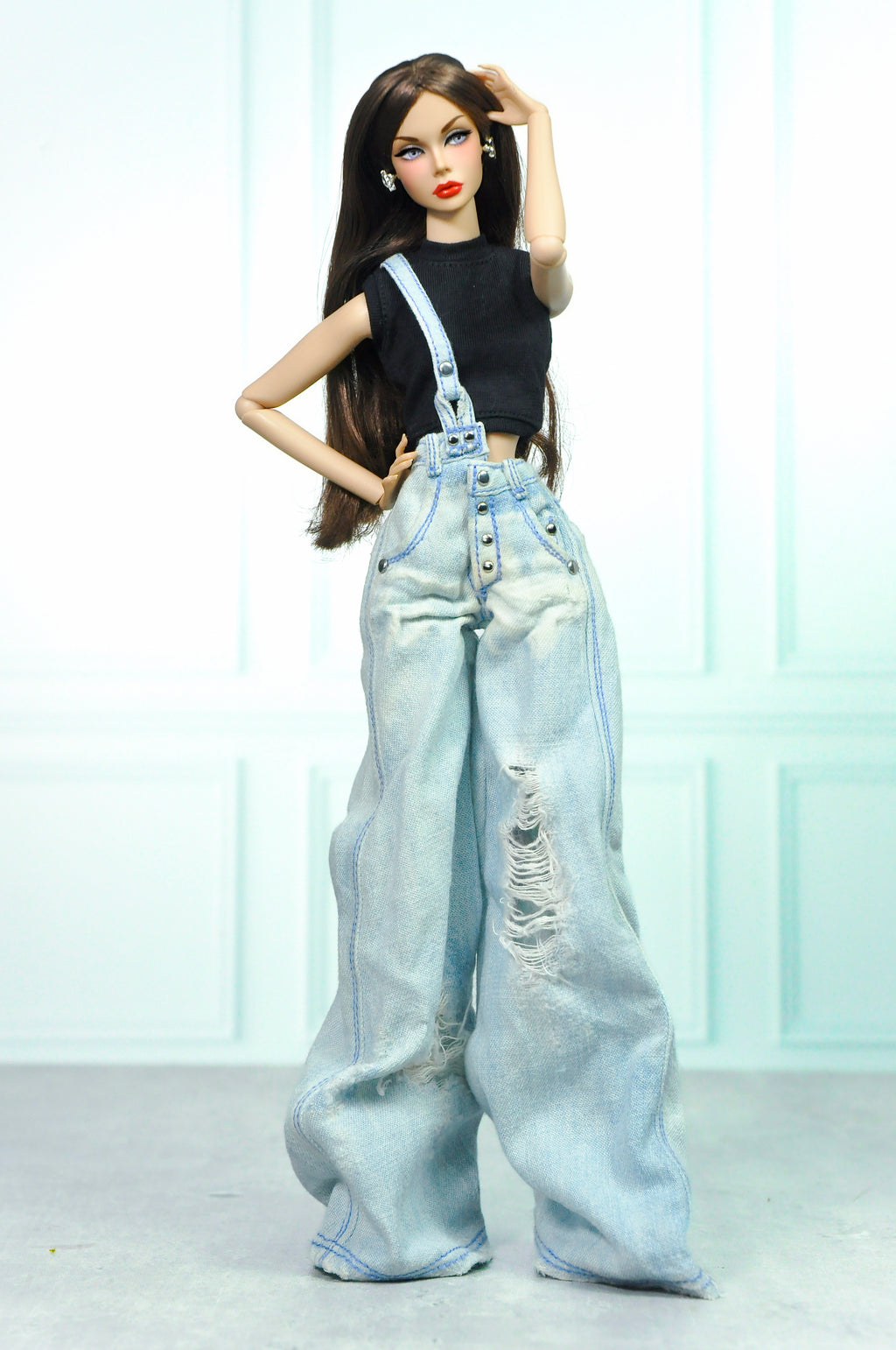 Denim Wide-Leg Overall Jeans with Black Crop Top – Fashion Royalty / Integrity Toys 1:6 Scale Doll Clothes