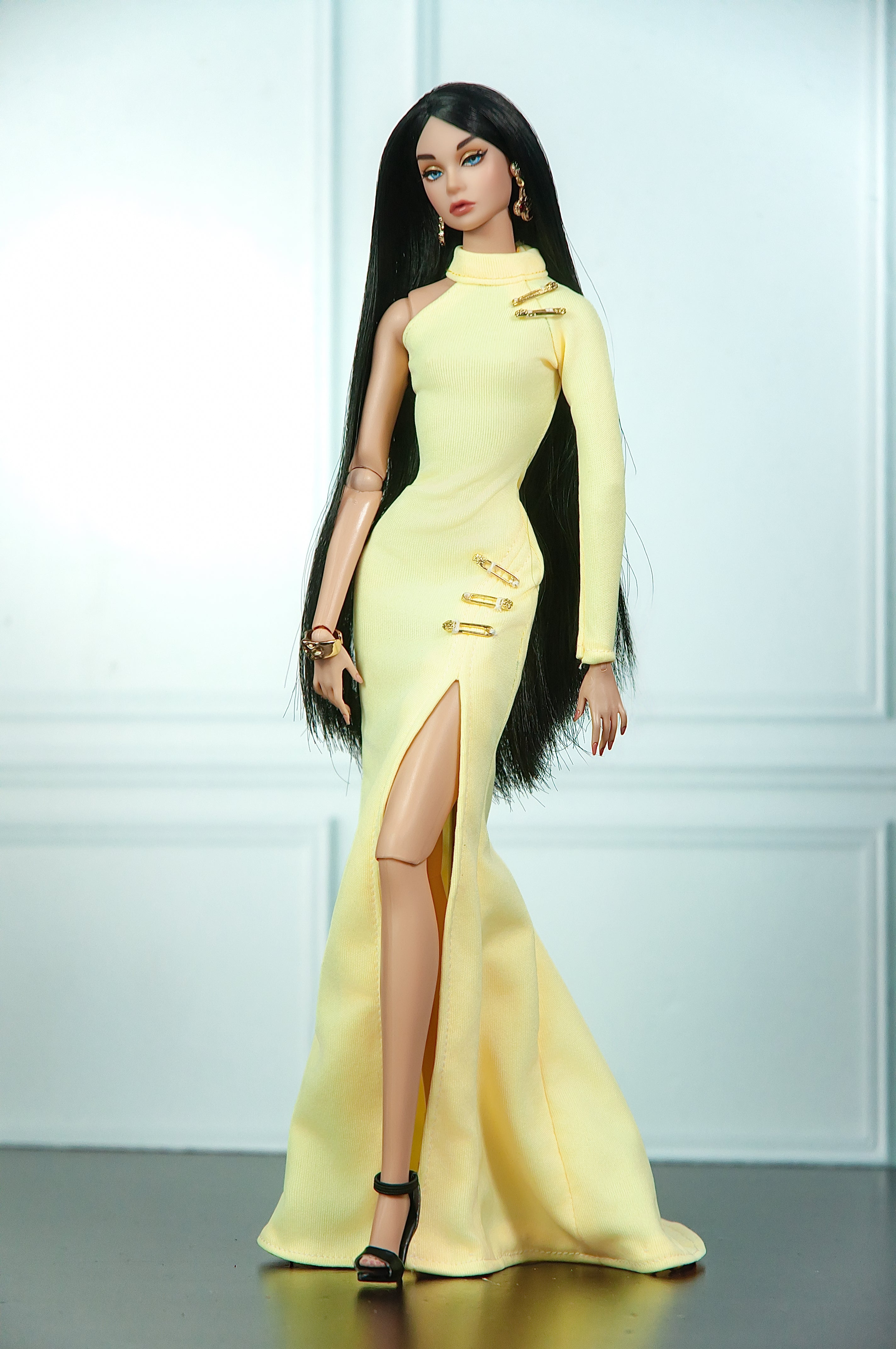 .ORDINARY GIRL  | Yellow Asymmetrical Evening Gown | Fashion Royalty Doll Clothes | Handmade 1/6 Scale Gown | Plastiktiara