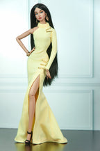 .ORDINARY GIRL  | Yellow Asymmetrical Evening Gown | Fashion Royalty Doll Clothes | Handmade 1/6 Scale Gown | Plastiktiara