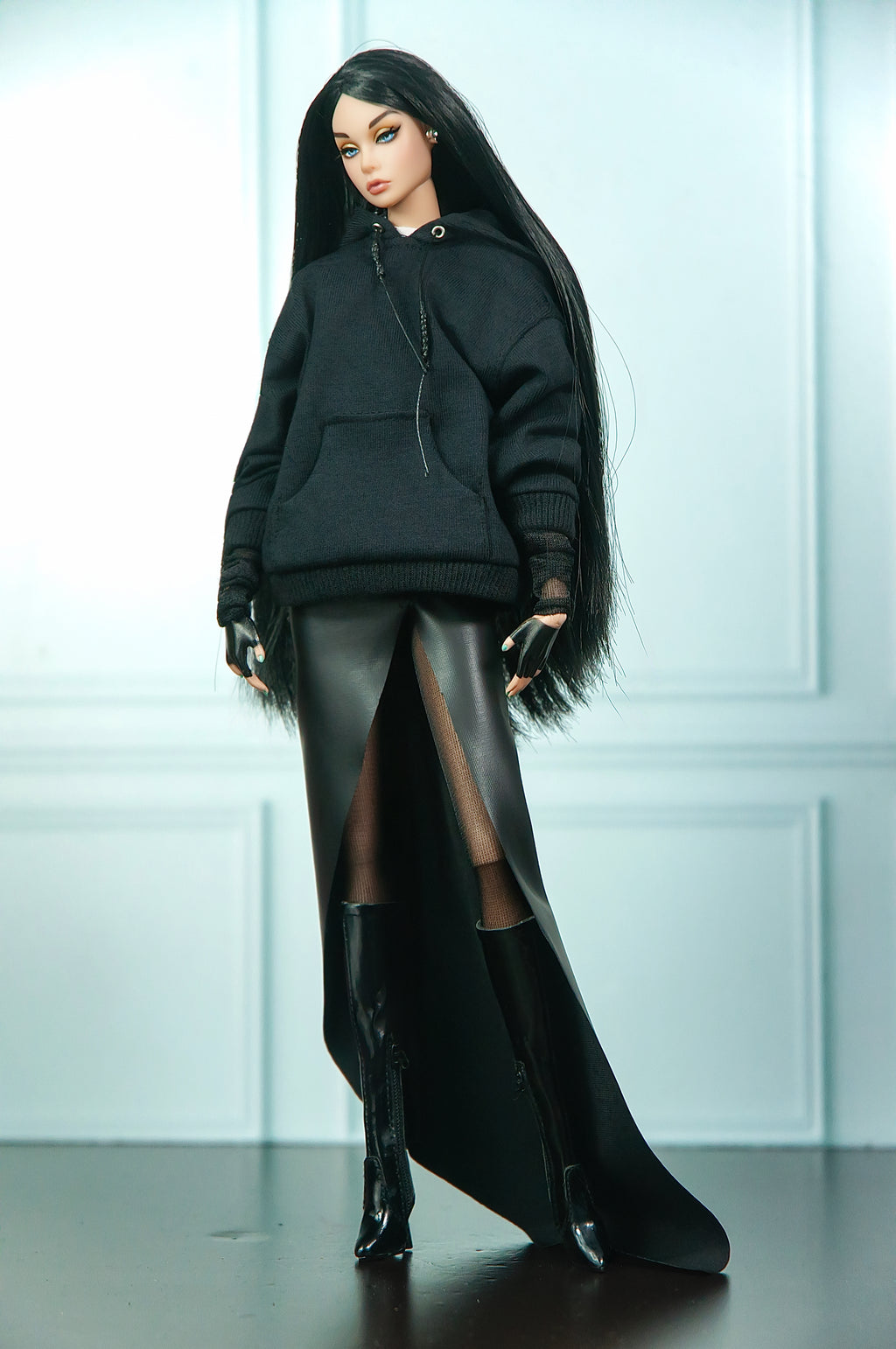 .ORDINARY GIRL | Black Hoodie & Asymmetrical Maxi Skirt Set | Fashion Royalty Doll Clothes | 1/6 Scale Streetwear | Plastiktiara
