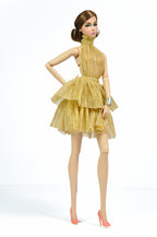 Gold Ruffled Halter Dress for Fashion Royalty | FR2 NuFace Party Dress | Tiered Metallic Doll Outfit | 1/6 Scale Couture
