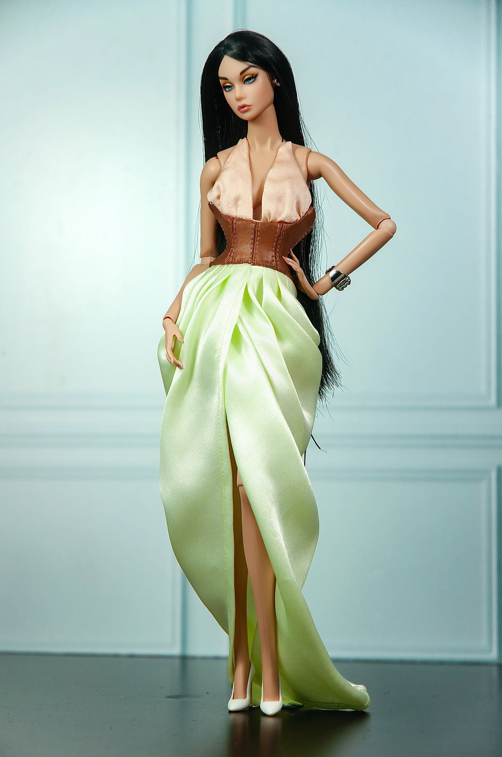 . ORDINARY GIRL III | Sculpted Lime Evening Gown | Fashion Royalty Doll Clothes | Handmade 1/6 Scale Couture Gown | Plastiktiara