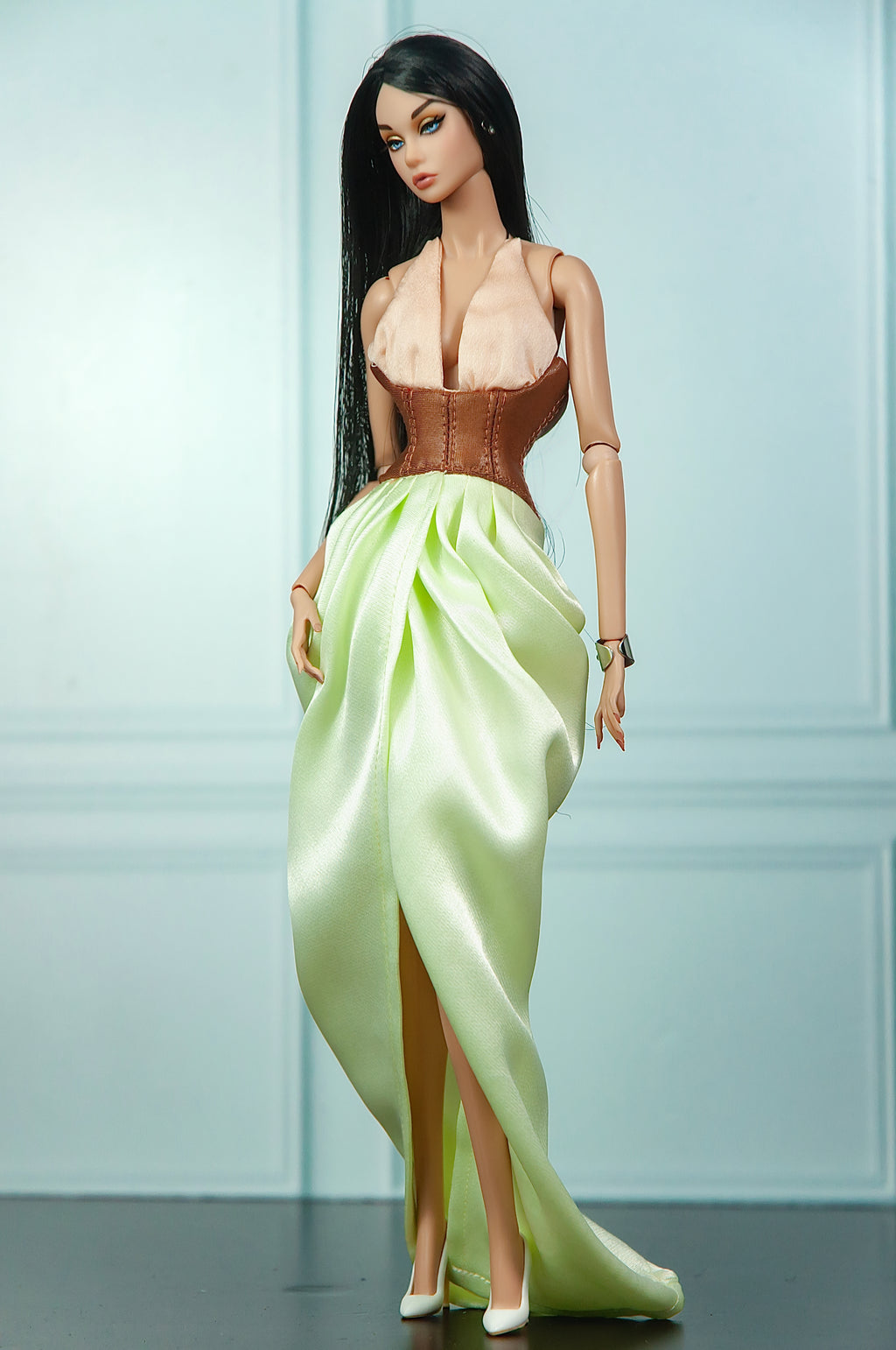 . ORDINARY GIRL III | Sculpted Lime Evening Gown | Fashion Royalty Doll Clothes | Handmade 1/6 Scale Couture Gown | Plastiktiara