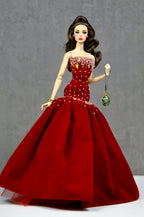 OOAK | Crimson Regal – Red Velvet Ball Gown with Crystal Embellished Bodice | 1/6 Scale Fashion Royalty Doll Outfit | PlastikTiara