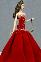OOAK | Crimson Regal – Red Velvet Ball Gown with Crystal Embellished Bodice | 1/6 Scale Fashion Royalty Doll Outfit | PlastikTiara