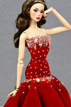 OOAK | Crimson Regal – Red Velvet Ball Gown with Crystal Embellished Bodice | 1/6 Scale Fashion Royalty Doll Outfit | PlastikTiara