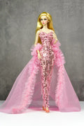 OOAK | Rosy Starlet – Pink Sequin Mermaid Gown with Tulle Ruffle Train | Fashion Royalty Doll Clothes | PlastikTiara
