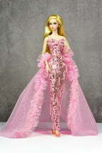 OOAK | Rosy Starlet – Pink Sequin Mermaid Gown with Tulle Ruffle Train | Fashion Royalty Doll Clothes | PlastikTiara