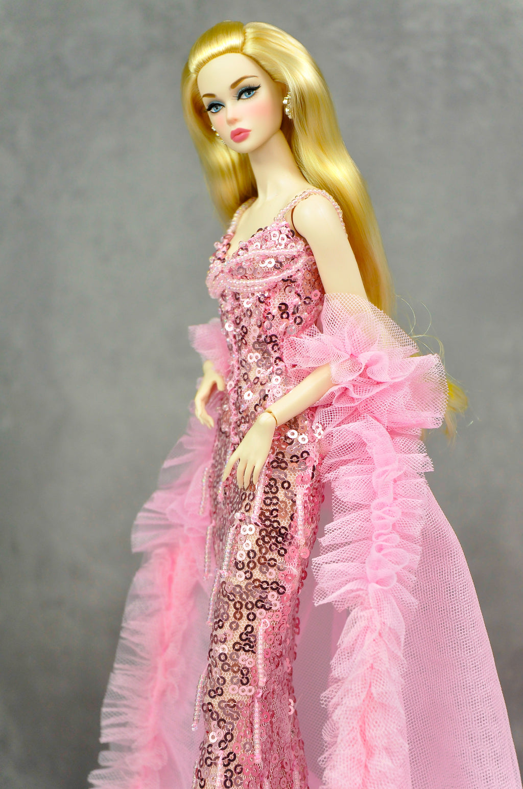 OOAK | Rosy Starlet – Pink Sequin Mermaid Gown with Tulle Ruffle Train | Fashion Royalty Doll Clothes | PlastikTiara