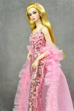 OOAK | Rosy Starlet – Pink Sequin Mermaid Gown with Tulle Ruffle Train | Fashion Royalty Doll Clothes | PlastikTiara