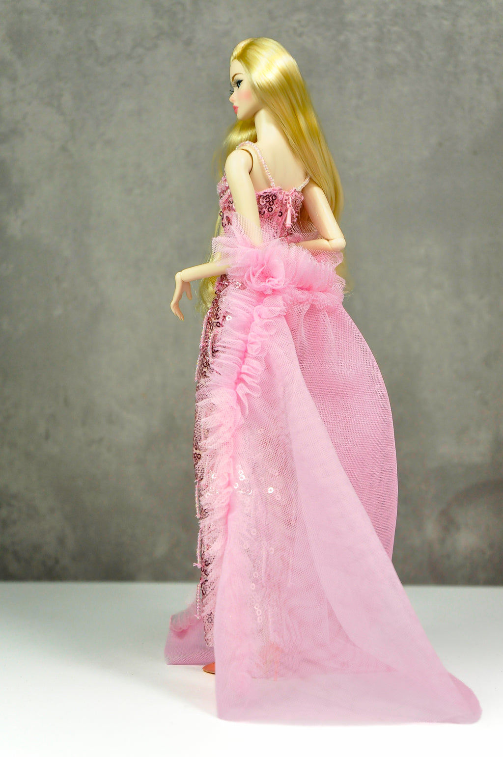 OOAK | Rosy Starlet – Pink Sequin Mermaid Gown with Tulle Ruffle Train | Fashion Royalty Doll Clothes | PlastikTiara
