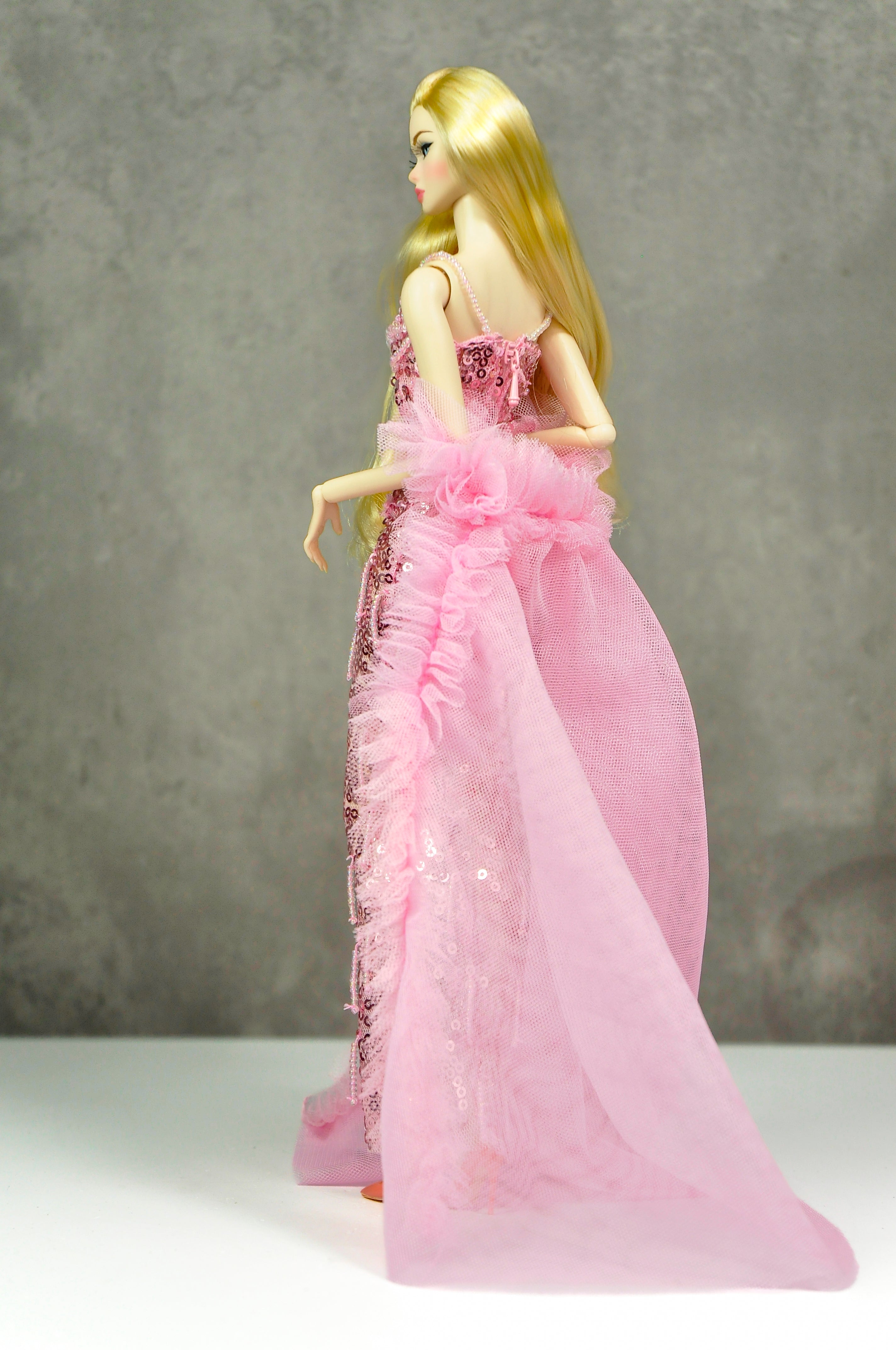OOAK | Rosy Starlet – Pink Sequin Mermaid Gown with Tulle Ruffle Train | Fashion Royalty Doll Clothes | PlastikTiara