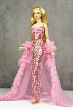 OOAK | Rosy Starlet – Pink Sequin Mermaid Gown with Tulle Ruffle Train | Fashion Royalty Doll Clothes | PlastikTiara