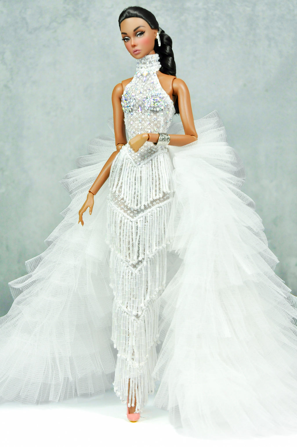 HAUTE | Royalty Aesthestic | White Fringed Gown for Fashion Royalty Doll Clothes - 12-inch Scale