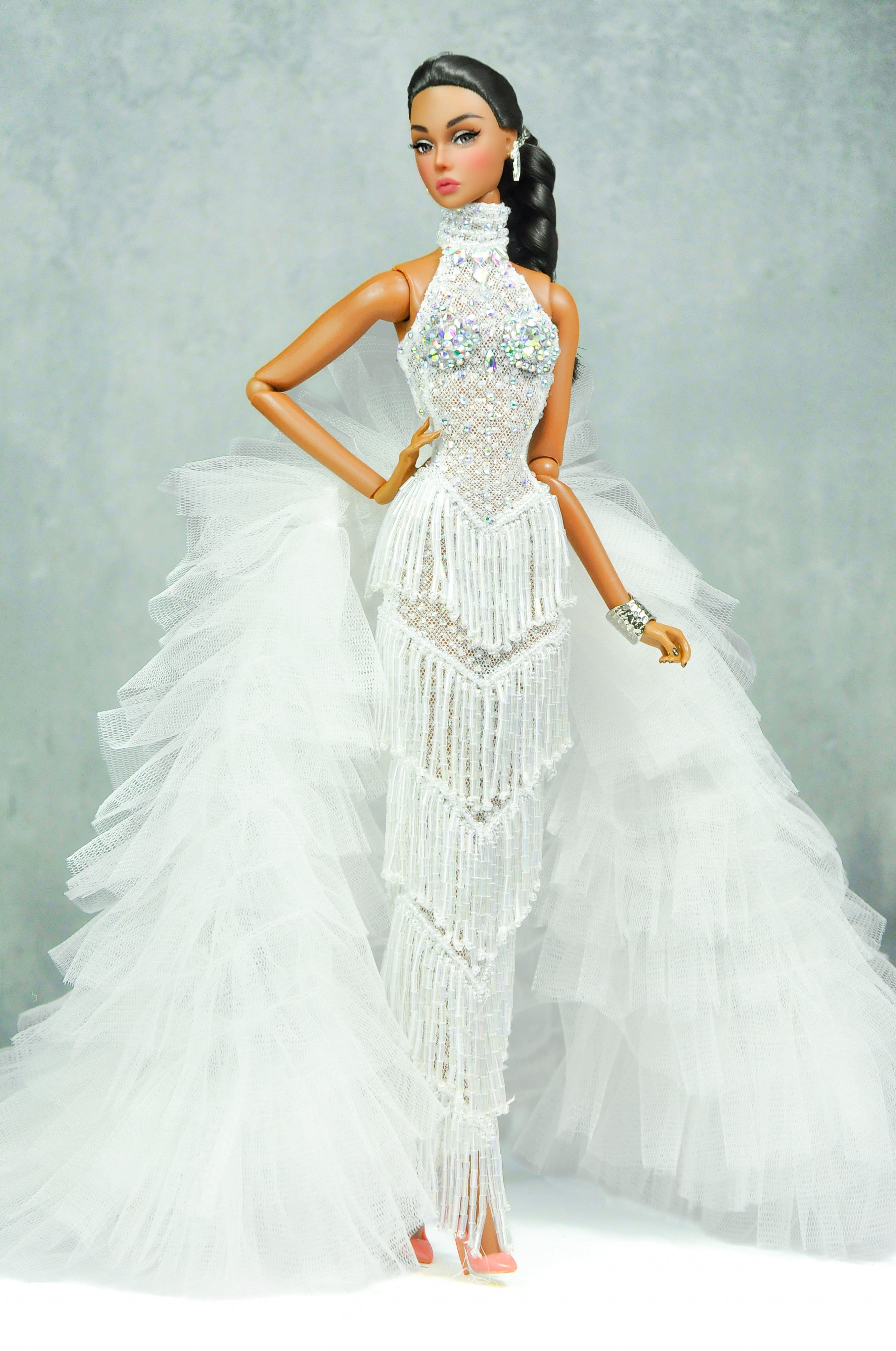 HAUTE | Royalty Aesthestic | White Fringed Gown for Fashion Royalty Doll Clothes - 12-inch Scale