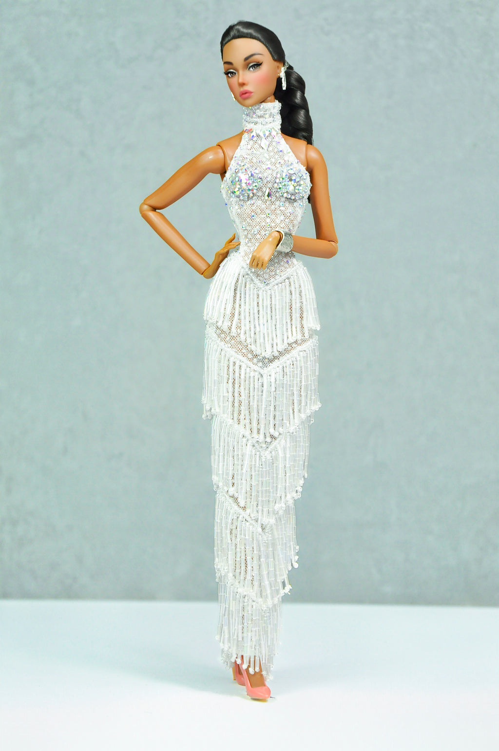 HAUTE | Royalty Aesthestic | White Fringed Gown for Fashion Royalty Doll Clothes - 12-inch Scale